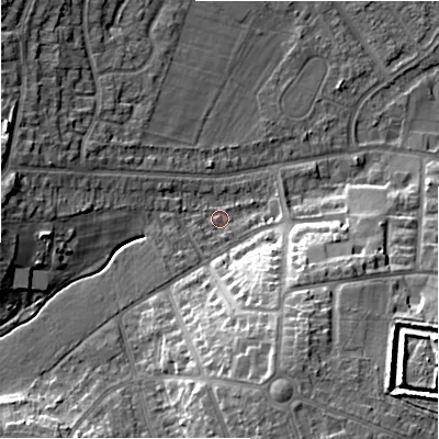 Shaded relief map of the ground around B928QT, computed from Environment Agency LiDAR. The ground here sits at about 105 m above sea level and falls 18 m across the surrounding 800 m. Surface water reaching this point runs off ground lying to the south-west, 1.4 m higher.
