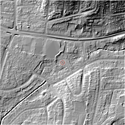 Shaded relief map of the ground around B929AB, computed from Environment Agency LiDAR. The ground here sits at about 97 m above sea level and falls 16 m across the surrounding 800 m. Surface water reaching this point runs off ground lying to the south, 7.9 m higher.