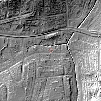 Shaded relief map of the ground around B929AX, computed from Environment Agency LiDAR. The ground here sits at about 95 m above sea level and falls 22 m across the surrounding 800 m. Surface water reaching this point runs off ground lying to the south-east, 21.2 m higher.
