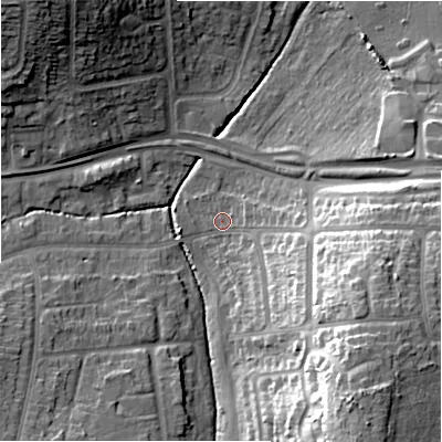 Shaded relief map of the ground around B929AY, computed from Environment Agency LiDAR. The ground here sits at about 94 m above sea level and falls 28 m across the surrounding 800 m. Surface water reaching this point runs off ground lying to the south-east, 26.8 m higher.