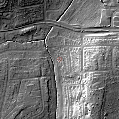 Shaded relief map of the ground around B929BE, computed from Environment Agency LiDAR. The ground here sits at about 95 m above sea level and falls 29 m across the surrounding 800 m. Surface water reaching this point runs off ground lying to the south-east, 27.3 m higher.