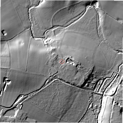 Shaded relief map of the ground around B930AH, computed from Environment Agency LiDAR. The ground here sits at about 103 m above sea level and falls 21 m across the surrounding 800 m. Surface water reaching this point runs off ground lying to the west-south-west, 10.6 m higher.