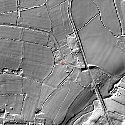 Shaded relief map of the ground around B930EE, computed from Environment Agency LiDAR. The ground here sits at about 103 m above sea level and falls 10 m across the surrounding 800 m. Surface water reaching this point runs off ground lying to the west, 6.3 m higher.