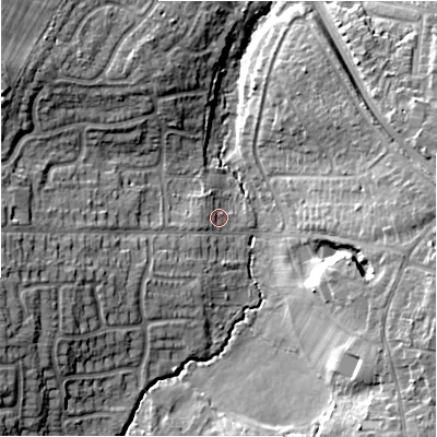 Shaded relief map of the ground around B939HR, computed from Environment Agency LiDAR. The ground here sits at about 116 m above sea level and falls 16 m across the surrounding 800 m. Surface water reaching this point runs off ground lying to the west-south-west, 2.1 m higher.