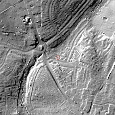 Shaded relief map of the ground around B939NS, computed from Environment Agency LiDAR. The ground here sits at about 114 m above sea level and falls 16 m across the surrounding 800 m. Surface water reaching this point runs off ground lying to the south-south-east, 12.6 m higher.