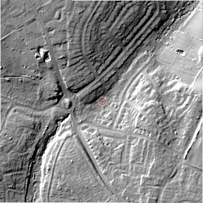 Shaded relief map of the ground around B939NU, computed from Environment Agency LiDAR. The ground here sits at about 113 m above sea level and falls 16 m across the surrounding 800 m. Surface water reaching this point runs off ground lying to the south-south-east, 12.9 m higher.
