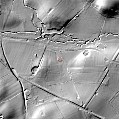 Shaded relief map of the ground around B945BB, computed from Environment Agency LiDAR. The ground here sits at about 101 m above sea level and falls 34 m across the surrounding 800 m. Surface water reaching this point runs off ground lying to the south-south-east, 9.5 m higher.