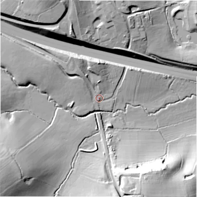 Shaded relief map of the ground around B945NP, computed from Environment Agency LiDAR. The ground here sits at about 110 m above sea level and falls 30 m across the surrounding 800 m. Surface water reaching this point runs off ground lying to the north-north-west, 7.7 m higher.