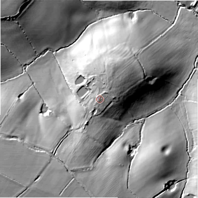 Shaded relief map of the ground around B945PL, computed from Environment Agency LiDAR. The ground here sits at about 132 m above sea level and falls 32 m across the surrounding 800 m. Surface water reaching this point runs off ground lying to the north-east, 2.1 m higher.