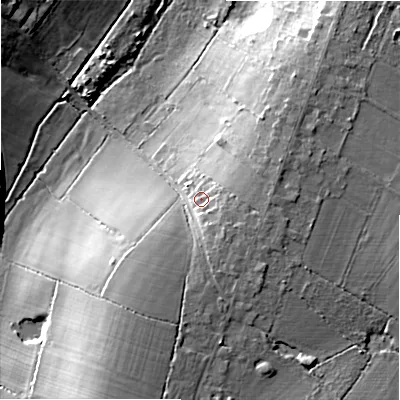 Shaded relief map of the ground around B945SG, computed from Environment Agency LiDAR. The ground here sits at about 147 m above sea level and falls 16 m across the surrounding 800 m. Surface water reaching this point runs off ground lying to the south-east, 2.1 m higher.