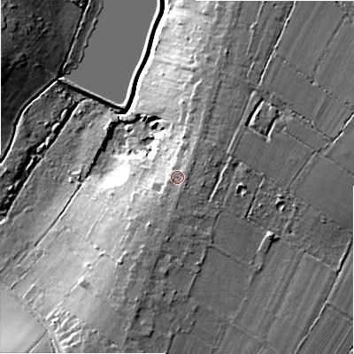Shaded relief map of the ground around B945SJ, computed from Environment Agency LiDAR. The ground here sits at about 148 m above sea level and falls 15 m across the surrounding 800 m. Surface water reaching this point runs off ground lying to the south-south-east, 2.3 m higher.