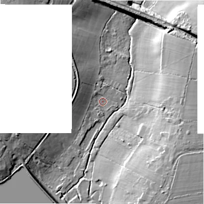 Shaded relief map of the ground around B946AB, computed from Environment Agency LiDAR. The ground here sits at about 132 m above sea level and falls 16 m across the surrounding 800 m. Surface water reaching this point runs off ground lying to the west-south-west, 6.6 m higher.