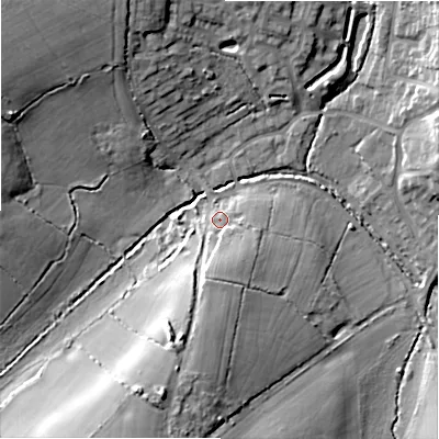 Shaded relief map of the ground around B946DQ, computed from Environment Agency LiDAR. The ground here sits at about 129 m above sea level and falls 17 m across the surrounding 800 m. Surface water reaching this point runs off ground lying to the south, 6.6 m higher.
