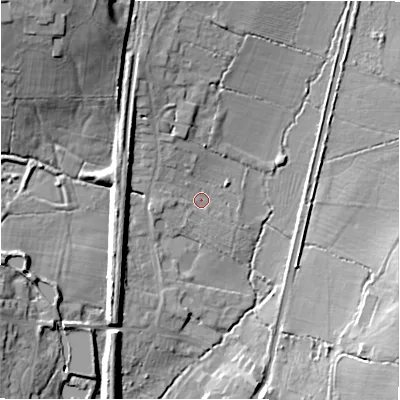 Shaded relief map of the ground around B946LS, computed from Environment Agency LiDAR. The ground here sits at about 103 m above sea level and falls 25 m across the surrounding 800 m. Surface water reaching this point runs off ground lying to the north-west, 2.4 m higher.
