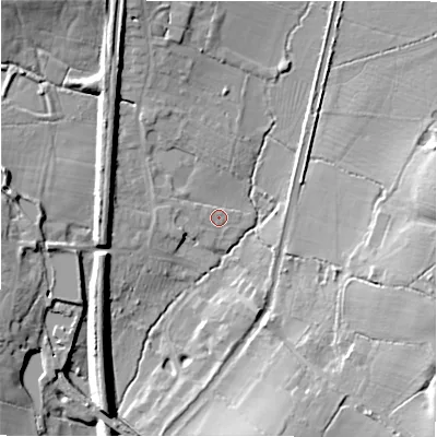 Shaded relief map of the ground around B946NB, computed from Environment Agency LiDAR. The ground here sits at about 102 m above sea level and falls 17 m across the surrounding 800 m. Surface water reaching this point runs off ground lying to the north-west, 14.6 m higher.