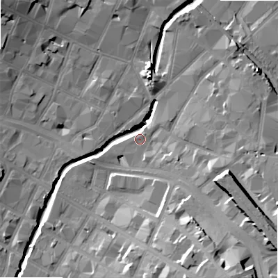 Shaded relief map of the ground around B94AA, computed from Environment Agency LiDAR. The ground here sits at about 104 m above sea level and falls 26 m across the surrounding 800 m. Surface water reaching this point runs off ground lying to the east-south-east, 4.5 m higher.