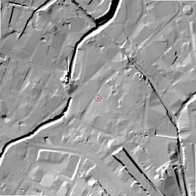 Shaded relief map of the ground around B94AL, computed from Environment Agency LiDAR. The ground here sits at about 103 m above sea level and falls 24 m across the surrounding 800 m. Surface water reaching this point runs off ground lying to the south, 7.8 m higher.