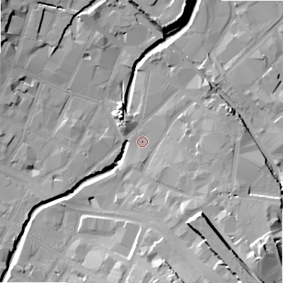 Shaded relief map of the ground around B94AR, computed from Environment Agency LiDAR. The ground here sits at about 102 m above sea level and falls 24 m across the surrounding 800 m. Surface water reaching this point runs off ground lying to the south, 2.2 m higher.