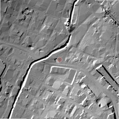 Shaded relief map of the ground around B94AU, computed from Environment Agency LiDAR. The ground here sits at about 103 m above sea level and falls 29 m across the surrounding 800 m. Surface water reaching this point runs off ground lying to the south-east, 24.7 m higher.