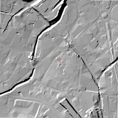 Shaded relief map of the ground around B94AX, computed from Environment Agency LiDAR. The ground here sits at about 104 m above sea level and falls 23 m across the surrounding 800 m. Surface water reaching this point runs off ground lying to the south-east, 5.5 m higher.