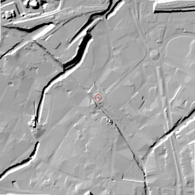 Shaded relief map of the ground around B94AY, computed from Environment Agency LiDAR. The ground here sits at about 104 m above sea level and falls 23 m across the surrounding 800 m. Surface water reaching this point runs off ground lying to the south, 17.1 m higher.