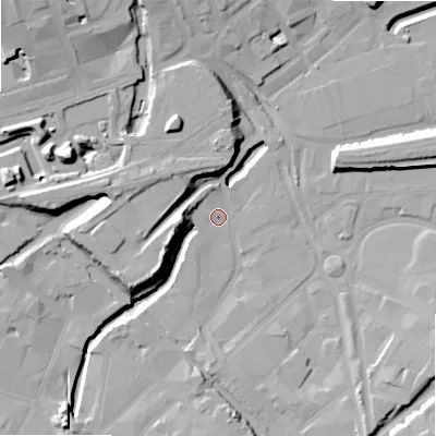 Shaded relief map of the ground around B94BA, computed from Environment Agency LiDAR. The ground here sits at about 101 m above sea level and falls 24 m across the surrounding 800 m. Surface water reaching this point runs off ground lying to the south-west, 15.4 m higher.