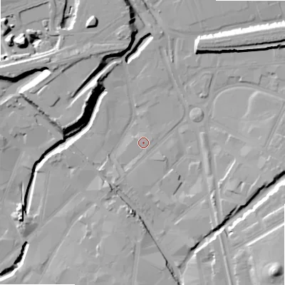 Shaded relief map of the ground around B94BB, computed from Environment Agency LiDAR. The ground here sits at about 102 m above sea level and falls 25 m across the surrounding 800 m. Surface water reaching this point runs off ground lying to the south-south-west, 2.7 m higher.