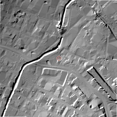 Shaded relief map of the ground around B94BF, computed from Environment Agency LiDAR. The ground here sits at about 104 m above sea level and falls 29 m across the surrounding 800 m. Surface water reaching this point runs off ground lying to the east-south-east, 4.5 m higher.