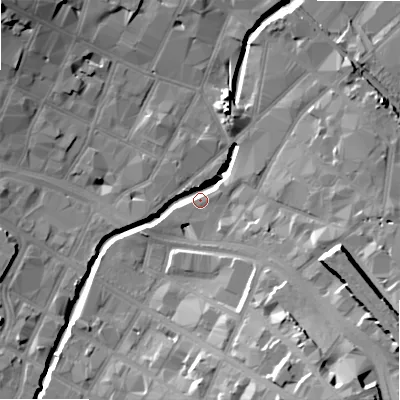 Shaded relief map of the ground around B94BG, computed from Environment Agency LiDAR. The ground here sits at about 103 m above sea level and falls 26 m across the surrounding 800 m. Surface water reaching this point runs off ground lying to the south-east, 25.6 m higher.
