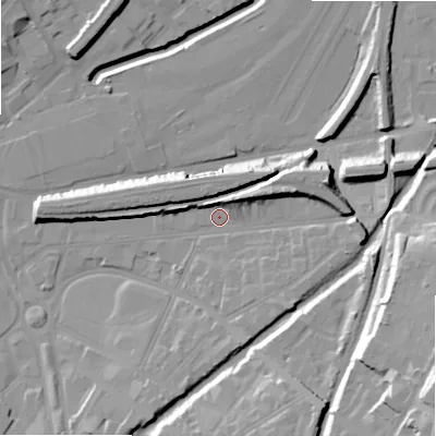 Shaded relief map of the ground around B94BN, computed from Environment Agency LiDAR. The ground here sits at about 102 m above sea level and falls 34 m across the surrounding 800 m. Surface water reaching this point runs off ground lying to the east-north-east, 8.7 m higher.
