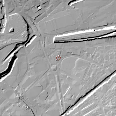 Shaded relief map of the ground around B94BP, computed from Environment Agency LiDAR. The ground here sits at about 100 m above sea level and falls 25 m across the surrounding 800 m. Surface water reaching this point runs off ground lying to the south, 8.1 m higher.