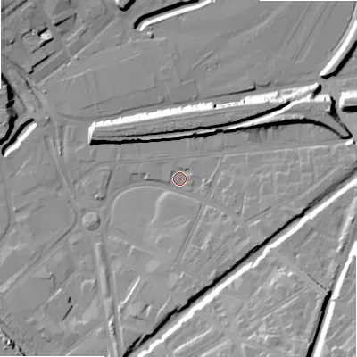 Shaded relief map of the ground around B94BS, computed from Environment Agency LiDAR. The ground here sits at about 100 m above sea level and falls 27 m across the surrounding 800 m. Surface water reaching this point runs off ground lying to the east, 8.8 m higher.