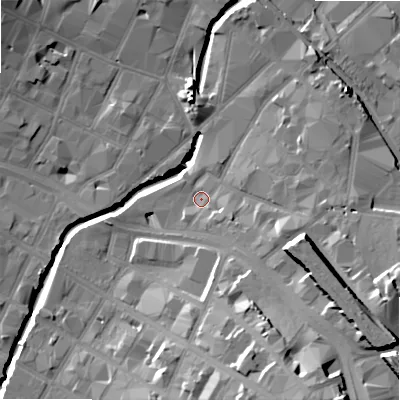 Shaded relief map of the ground around B94DP, computed from Environment Agency LiDAR. The ground here sits at about 104 m above sea level and falls 28 m across the surrounding 800 m. Surface water reaching this point runs off ground lying to the east-south-east, 4.5 m higher.