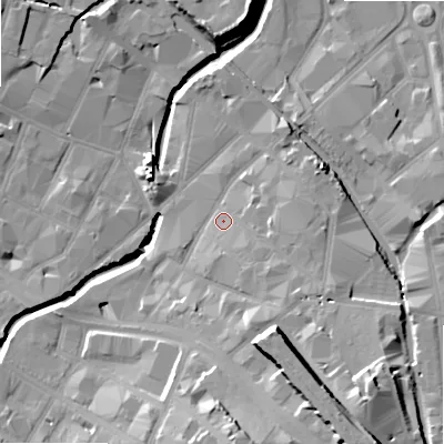 Shaded relief map of the ground around B94DR, computed from Environment Agency LiDAR. The ground here sits at about 103 m above sea level and falls 24 m across the surrounding 800 m. Surface water reaching this point runs off ground lying to the south, 7.8 m higher.