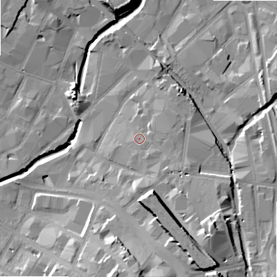Shaded relief map of the ground around B94DY, computed from Environment Agency LiDAR. The ground here sits at about 105 m above sea level and falls 25 m across the surrounding 800 m. Surface water reaching this point runs off ground lying to the south-south-east, 3.7 m higher.