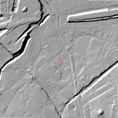 Shaded relief map of the ground around B94EX, computed from Environment Agency LiDAR. The ground here sits at about 101 m above sea level and falls 25 m across the surrounding 800 m. Surface water reaching this point runs off ground lying to the south-south-east, 7.2 m higher.