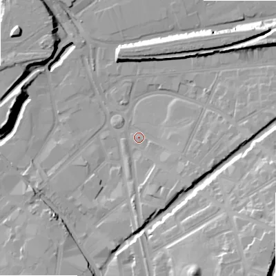 Shaded relief map of the ground around B94HF, computed from Environment Agency LiDAR. The ground here sits at about 102 m above sea level and falls 26 m across the surrounding 800 m. Surface water reaching this point runs off ground lying to the south, 6.7 m higher.