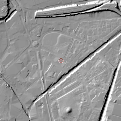 Shaded relief map of the ground around B94LG, computed from Environment Agency LiDAR. The ground here sits at about 105 m above sea level and falls 32 m across the surrounding 800 m. Surface water reaching this point runs off ground lying to the east-south-east, 3.4 m higher.