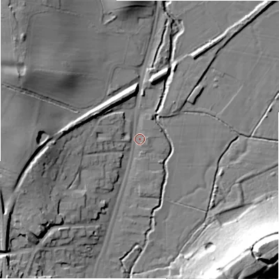 Shaded relief map of the ground around B955AA, computed from Environment Agency LiDAR. The ground here sits at about 74 m above sea level and falls 35 m across the surrounding 800 m. Surface water reaching this point runs off ground lying to the west-north-west, 22.0 m higher.