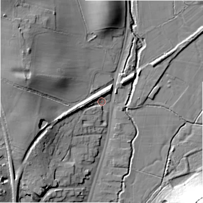 Shaded relief map of the ground around B955AE, computed from Environment Agency LiDAR. The ground here sits at about 75 m above sea level and falls 33 m across the surrounding 800 m. Surface water reaching this point runs off ground lying to the west-south-west, 9.0 m higher.