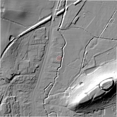 Shaded relief map of the ground around B955AF, computed from Environment Agency LiDAR. The ground here sits at about 74 m above sea level and falls 37 m across the surrounding 800 m. Surface water reaching this point runs off ground lying to the north, 4.1 m higher.