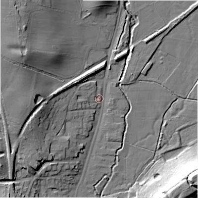 Shaded relief map of the ground around B955AG, computed from Environment Agency LiDAR. The ground here sits at about 75 m above sea level and falls 34 m across the surrounding 800 m. Surface water reaching this point runs off ground lying to the west-north-west, 22.0 m higher.