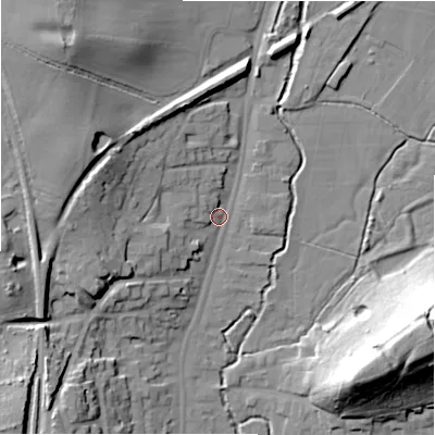 Shaded relief map of the ground around B955AN, computed from Environment Agency LiDAR. The ground here sits at about 74 m above sea level and falls 31 m across the surrounding 800 m. Surface water reaching this point runs off ground lying to the north-west, 21.6 m higher.