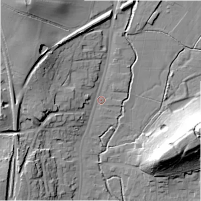 Shaded relief map of the ground around B955AT, computed from Environment Agency LiDAR. The ground here sits at about 73 m above sea level and falls 35 m across the surrounding 800 m. Surface water reaching this point runs off ground lying to the north-west, 16.8 m higher.