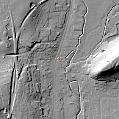 Shaded relief map of the ground around B955AU, computed from Environment Agency LiDAR. The ground here sits at about 73 m above sea level and falls 30 m across the surrounding 800 m. Surface water reaching this point runs off ground lying to the north-north-east, 2.6 m higher.