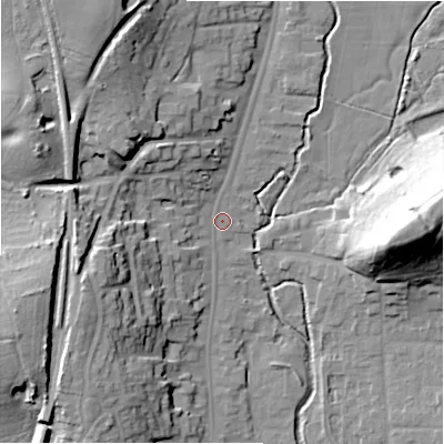 Shaded relief map of the ground around B955AZ, computed from Environment Agency LiDAR. The ground here sits at about 73 m above sea level and falls 30 m across the surrounding 800 m. Surface water reaching this point runs off ground lying to the west-north-west, 17.7 m higher.