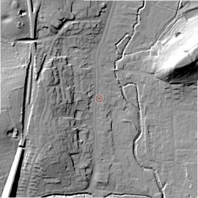 Shaded relief map of the ground around B955BA, computed from Environment Agency LiDAR. The ground here sits at about 73 m above sea level and falls 31 m across the surrounding 800 m. Surface water reaching this point runs off ground lying to the west-north-west, 14.7 m higher.