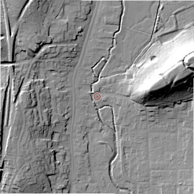 Shaded relief map of the ground around B955BF, computed from Environment Agency LiDAR. The ground here sits at about 72 m above sea level and falls 37 m across the surrounding 800 m. Surface water reaching this point runs off ground lying to the east-north-east, 34.3 m higher.