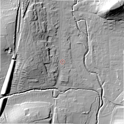 Shaded relief map of the ground around B955BG, computed from Environment Agency LiDAR. The ground here sits at about 73 m above sea level and falls 31 m across the surrounding 800 m. Surface water reaching this point runs off ground lying to the west, 10.1 m higher.