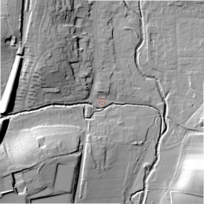 Shaded relief map of the ground around B955BJ, computed from Environment Agency LiDAR. The ground here sits at about 70 m above sea level and falls 25 m across the surrounding 800 m. Surface water reaching this point runs off ground lying to the south-west, 17.6 m higher.